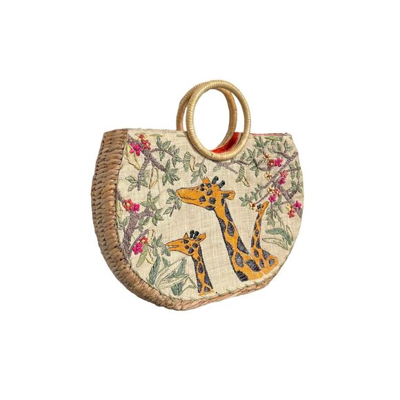 Straw Floral Giraffe Safari Woven Boho Large Purse Handbag bag - Picture 4 of 12